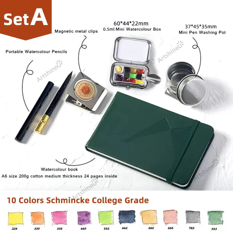 Portable Travel Painting Set 10/16 colours Schmincke Watercolor Paint Palette Iron Box Brush Sketch Book Mini Artist Art Supplie