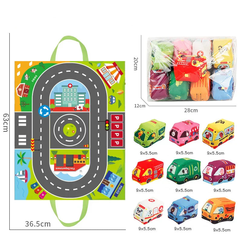 Montessori Soft Cloth Car Toy Set with Play Mat And 9 Vehicle For Baby Interactive Sound Paper Rattle Toys 12-18 Months