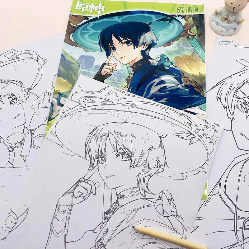 Genshin Book Freehand sketches colouring books for kids Beginners can use colored pencil/markers/acrylic pens painting book