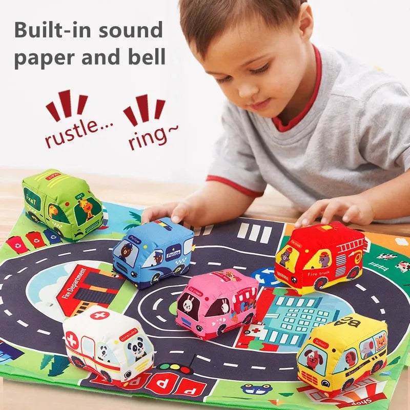 Montessori Soft Cloth Car Toy Set with Play Mat And 9 Vehicle For Baby Interactive Sound Paper Rattle Toys 12-18 Months