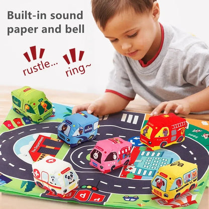 Montessori Soft Cloth Car Toy Set with Play Mat And 9 Vehicle For Baby Interactive Sound Paper Rattle Toys 12-18 Months